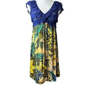 Free People Velvet Burnout Floral Mini Dress Blue Yellow Ruffle Mesh Bodice SZ:S